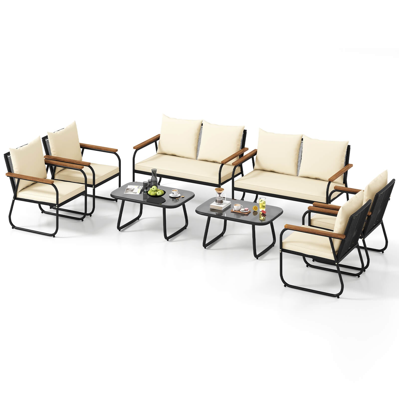 8 PCS Patio Furniture Set w/Tempered Glass Coffee Table PE Wicker Rattan Chairs