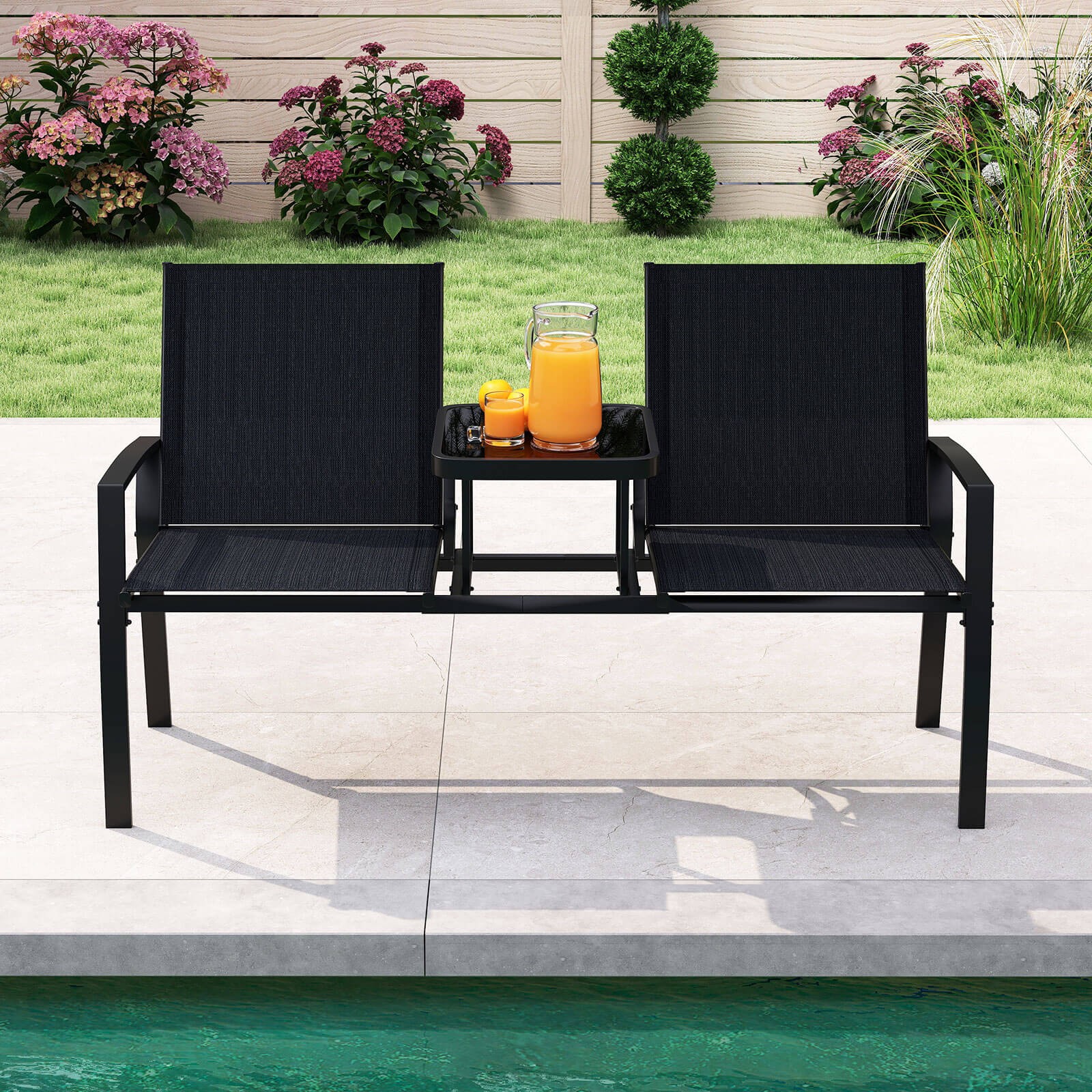 Patio Loveseat w/Built-in Table, Breathable Fabric Back and Seat, Metal Frame