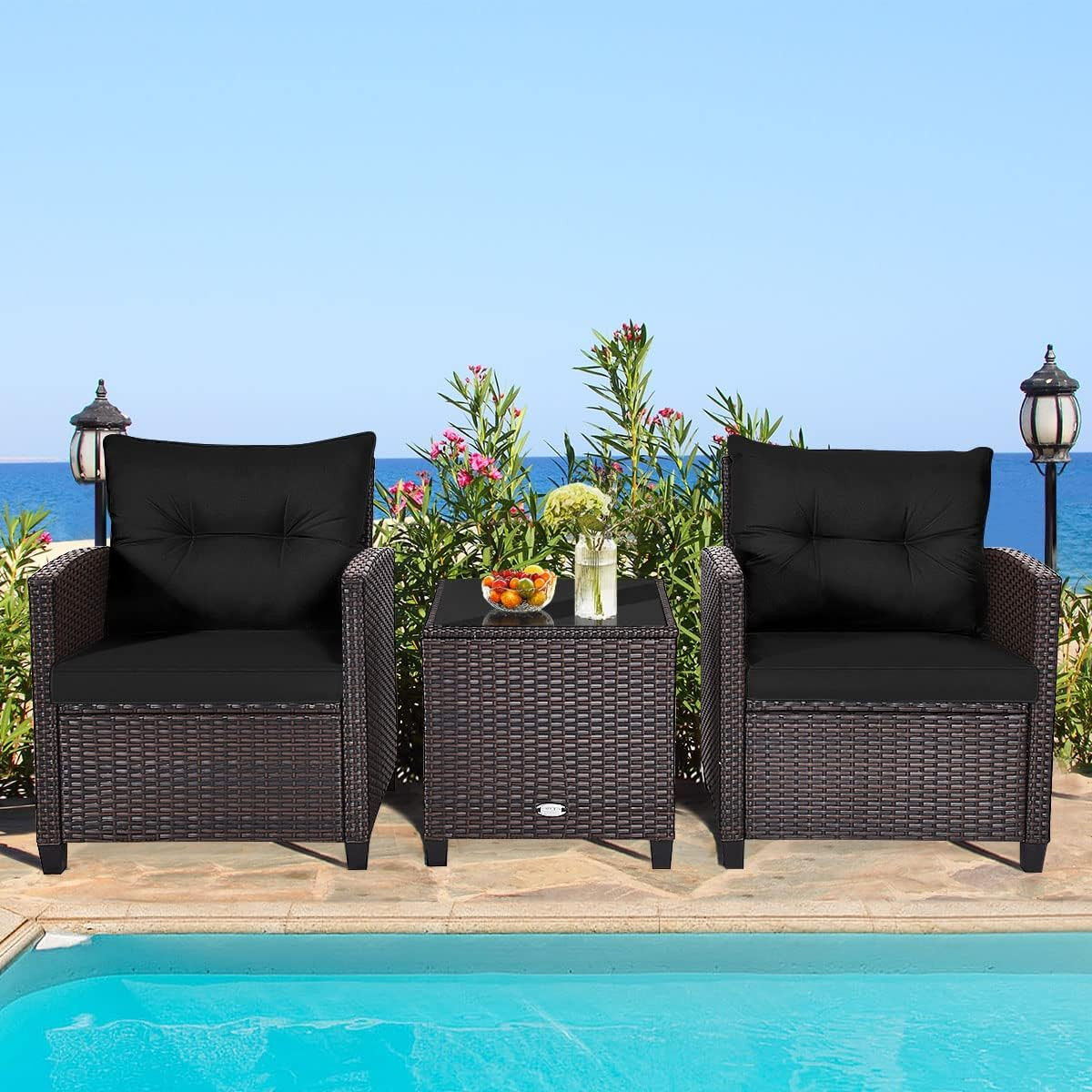 3-Piece Black Wicker Patio Furniture Set with Cushions & Glass Table