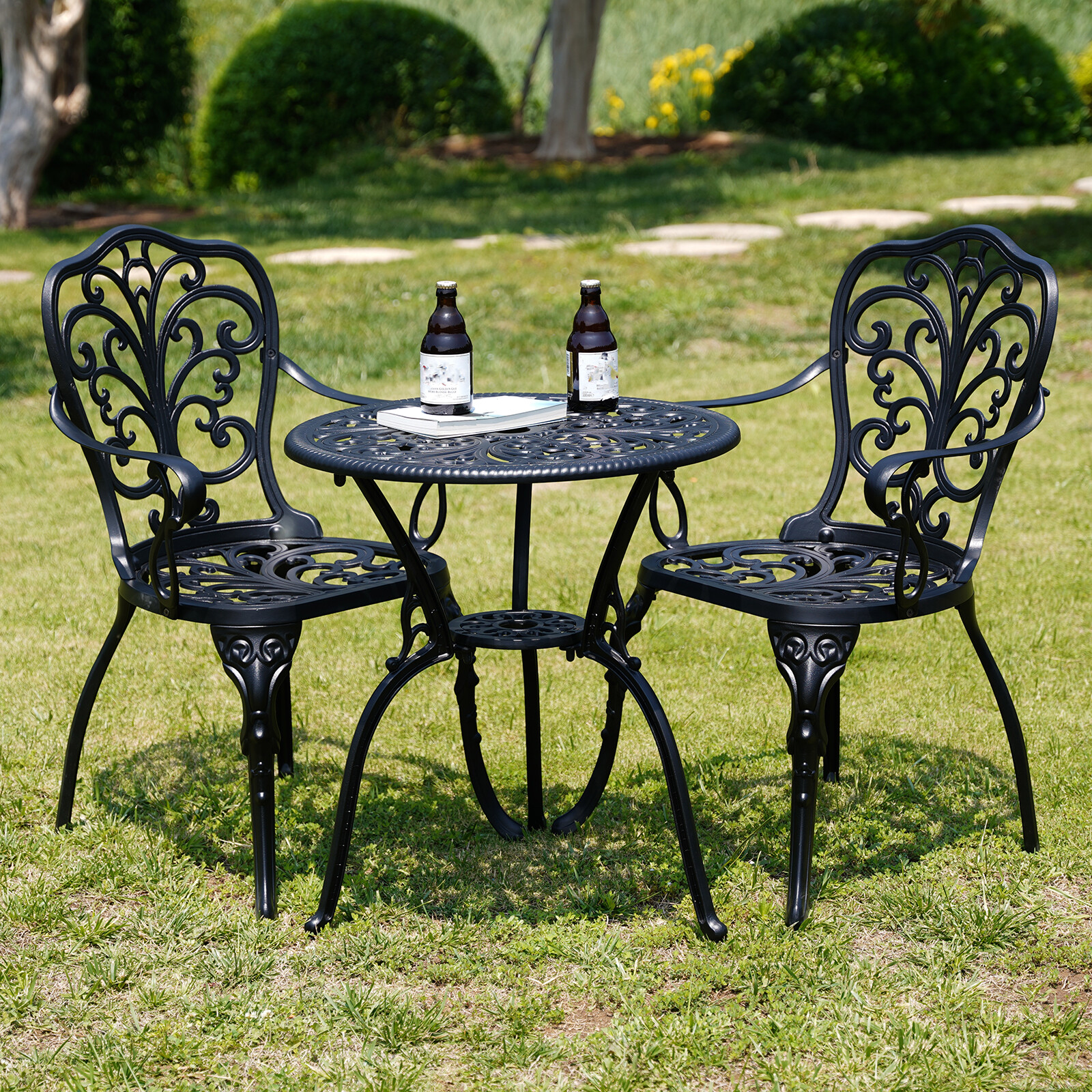 3 Piece Bistro Set Cast Aluminum Bistro Table and Chair set of 2 for Garden
