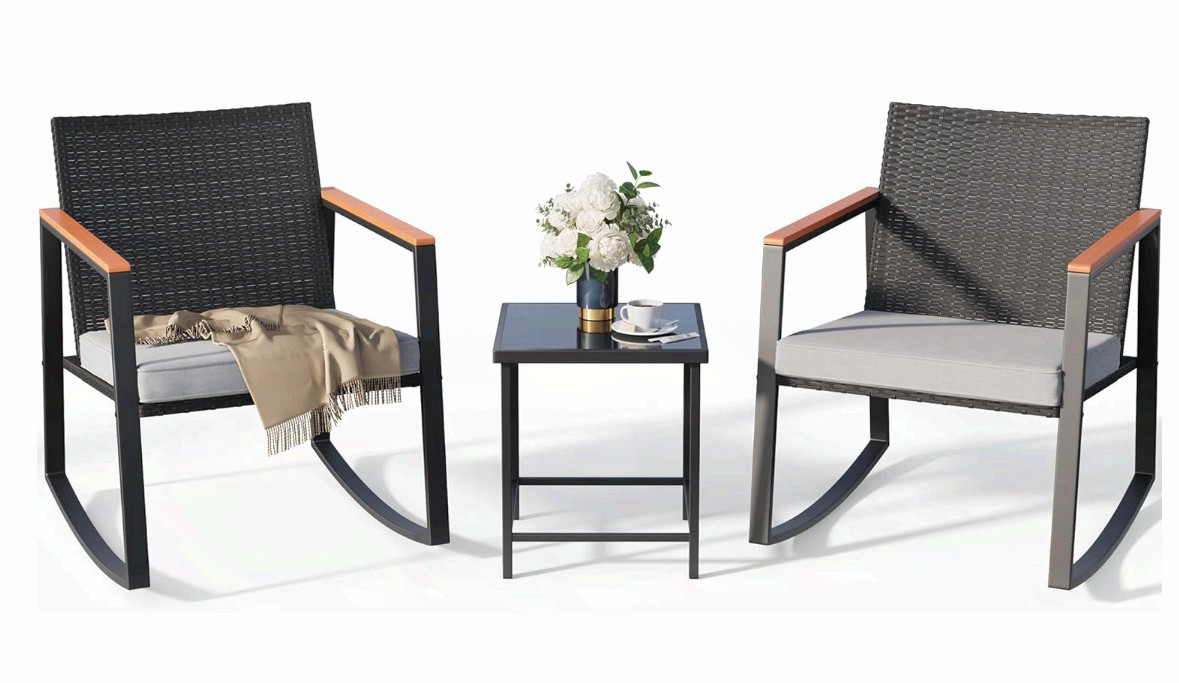 Gizoon 3pc Rocking Patio Bistro Set Wicker Chairs Glass Table