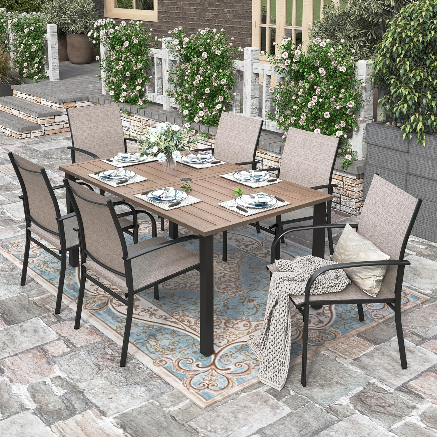 Outdoor Patio Dining Set Metal Table Chairs For Six Wood Look Brown Garden Deck
