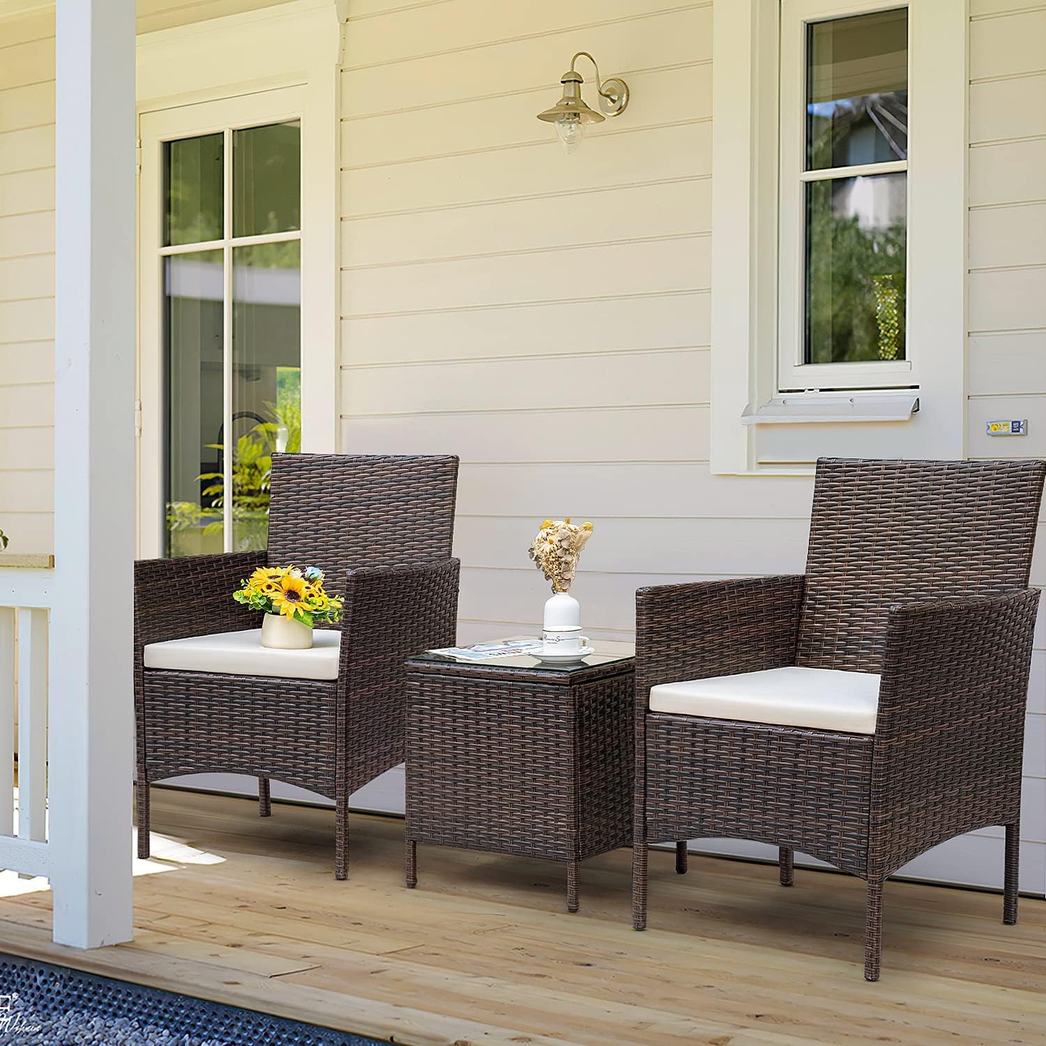 3 Pieces Patio Furniture Sets Balcony Outdoor Bistro Wicker Chairs Soft Cushion