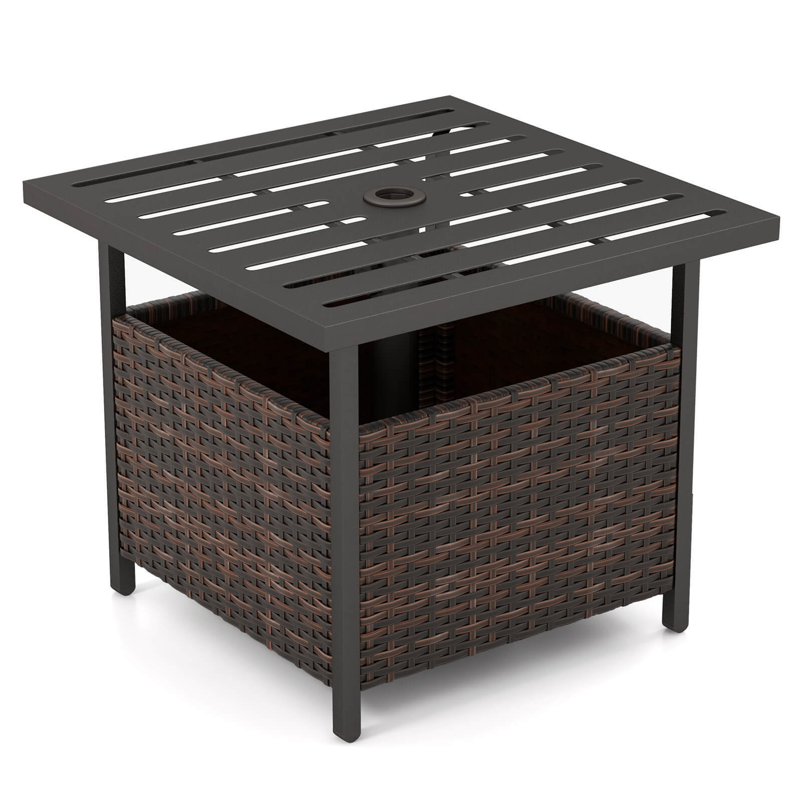 Rattan Side Table Outdoor Patio Wicker End Tea Coffee Table w/ Umbrella Hole