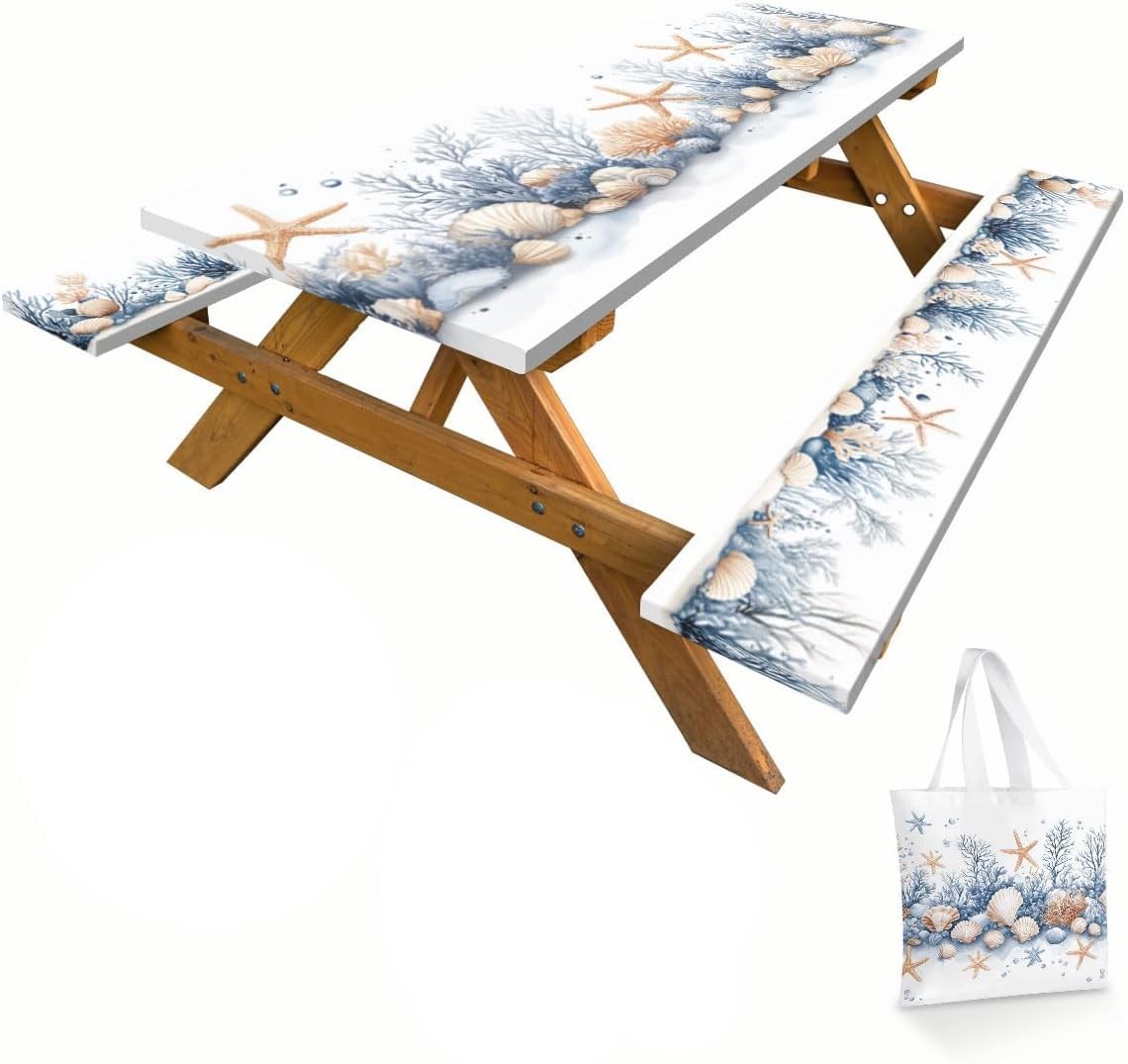 Seashore Picnic Table Cover with Bench Covers and Carrying Bag Nautical Coral