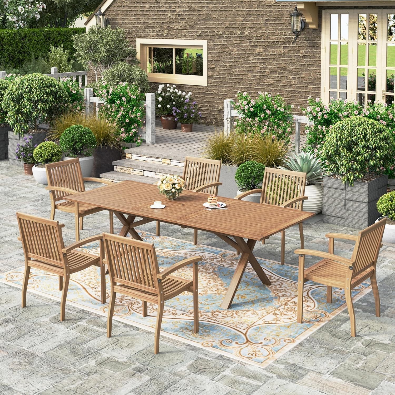 7-Piece Patio Dining Set Outdoor Acacia Wood Table & 6 Armchairs w/Umbrella Hole