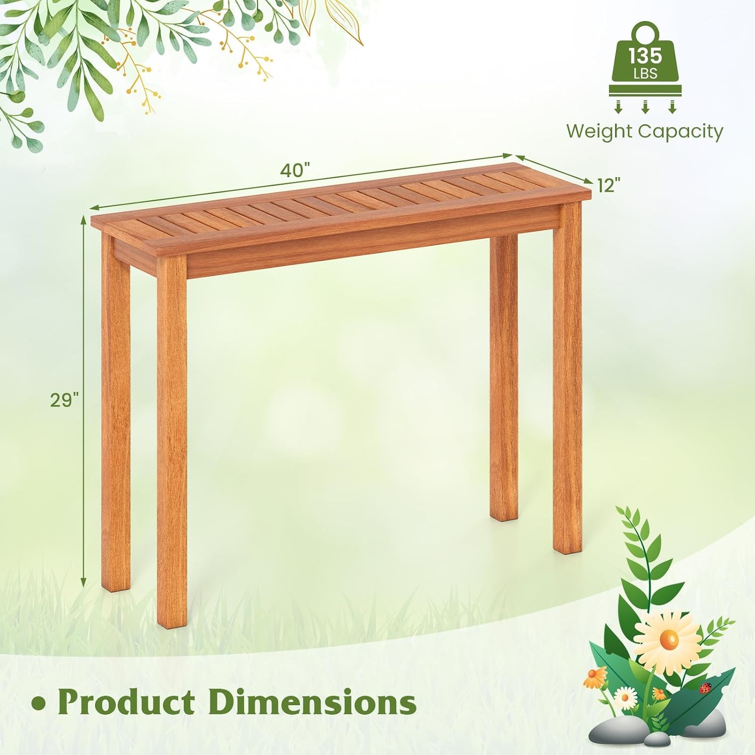 Narrow Outdoor Dining Table Solid Wood Furniture Patio Console Table W/ Slatted