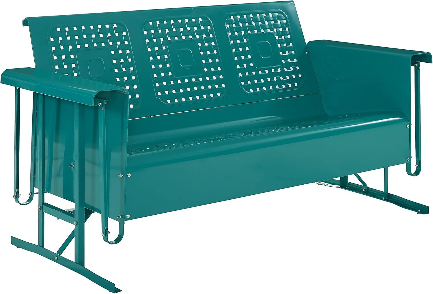 Turquoise Retro Metal Glider Sofa for 3 – Stylish Outdoor Rocking Bench