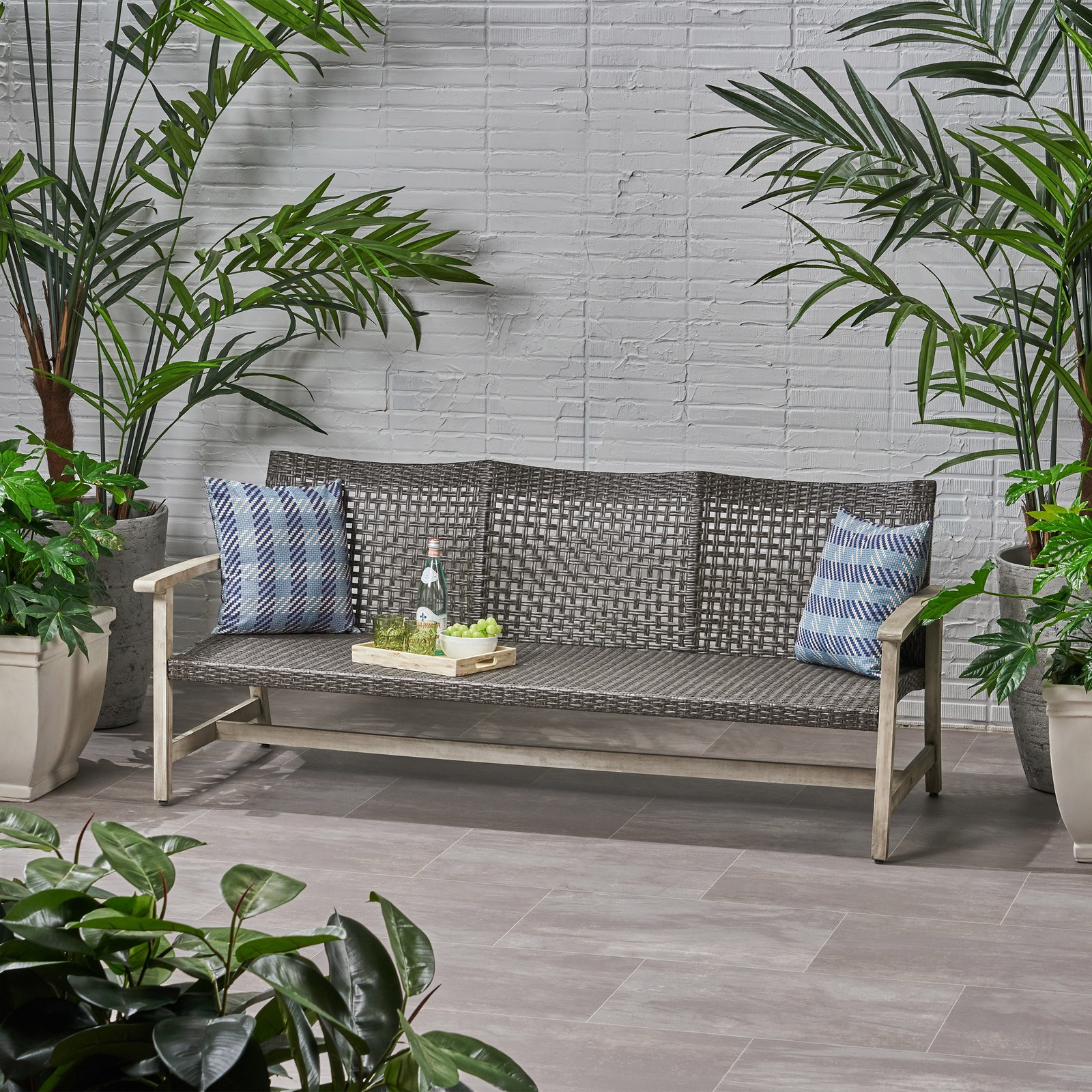 Outdoor Acacia Wood Wicker 3 Seater Sofa for Patio Backyard
