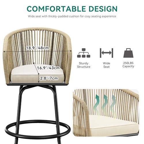 2-Piece Patio Woven Swivel Bar Stools,Outdoor Bar Set Chair with 2PCS Beige