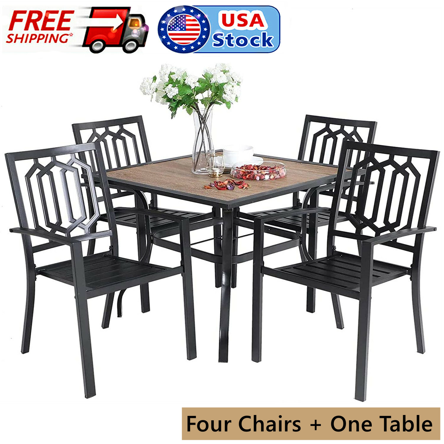 5 Piece Patio Metal Dining Furniture Set Outdoor Stackable Armchiar Square Table