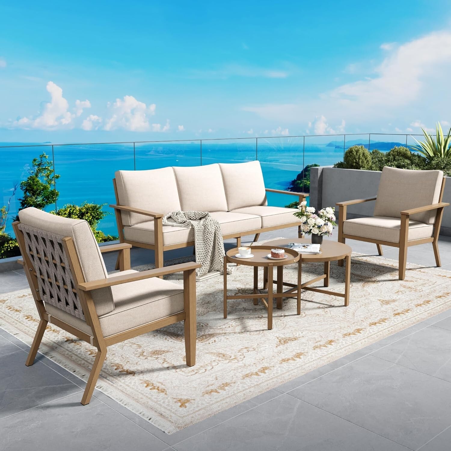 Patio Furniture Sets 5-Piece Outdoor Sectional Sofa Cushioned Sofa with 2 Table