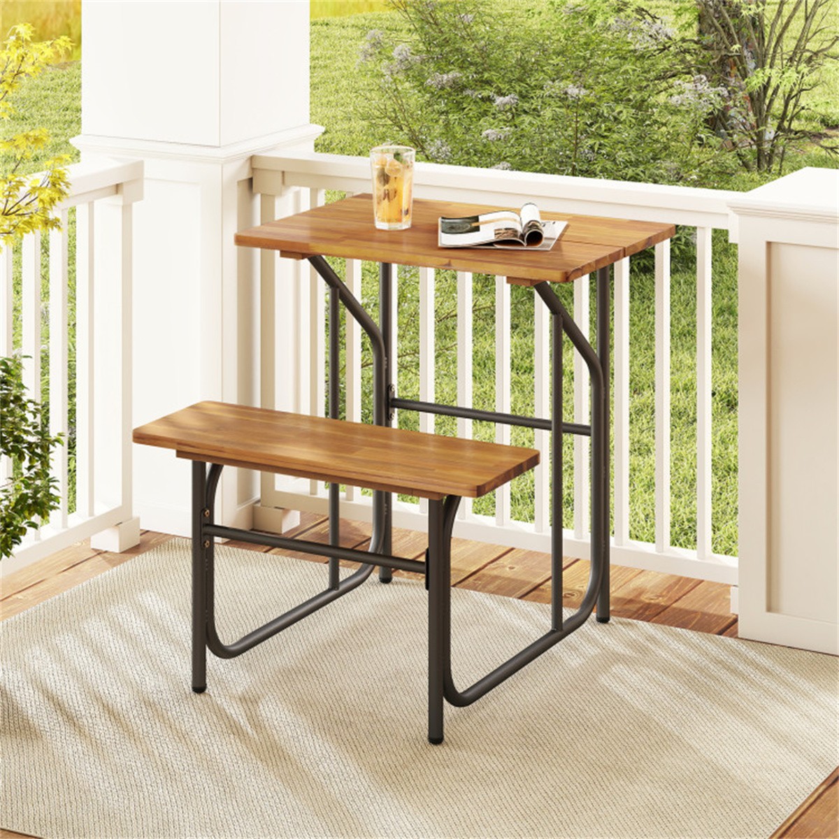 Unique One-Side Acacia Wood Patio Table & Bench Set Combineable for Picnic
