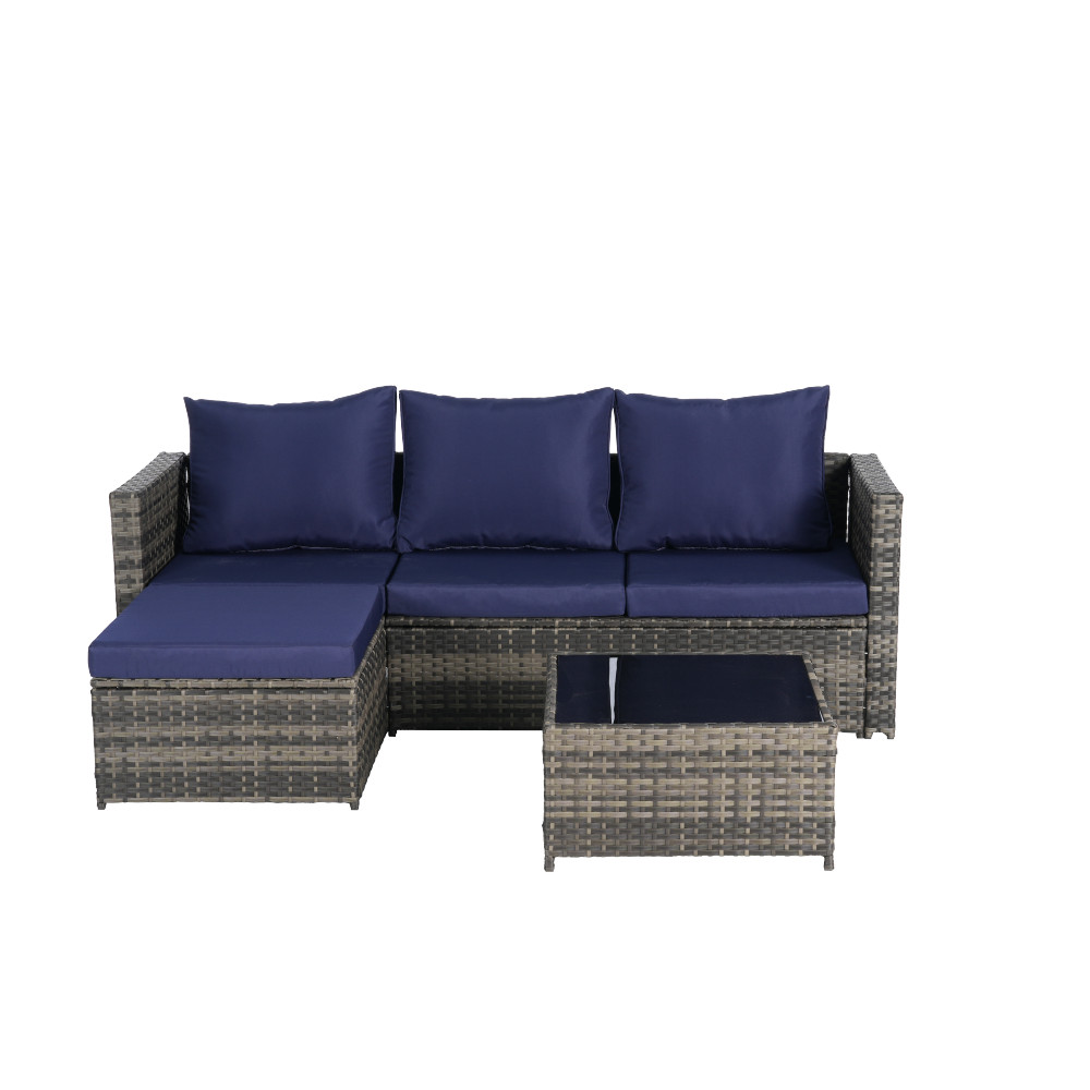 Outdoor Wicker Sectional Sofa Set with Ottoman, 4-Piece, Dark Blue
