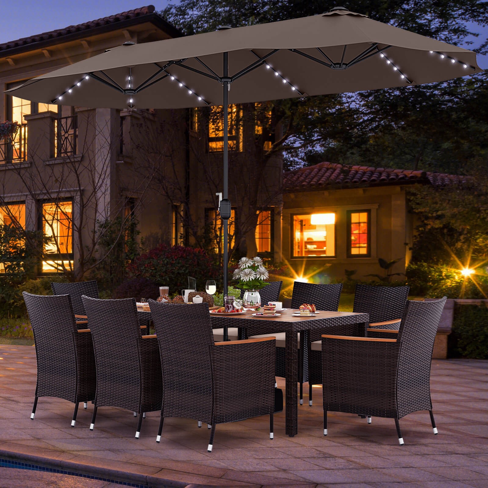 11 PCS Patio Dining Set with 15ft Double-Sided Patio Umbrella (Base Included)