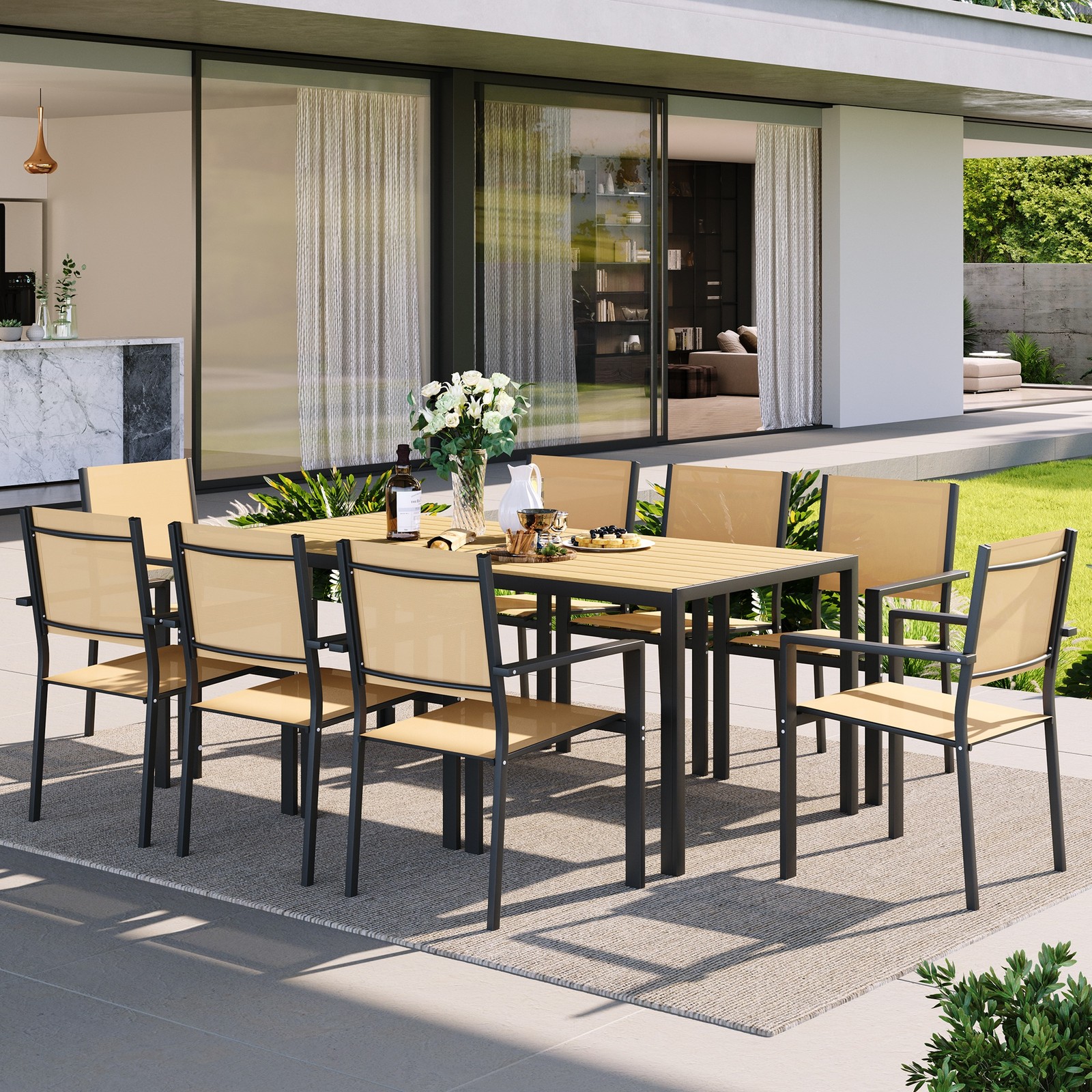 9 Piece Patio Dining Set for 8 Rectangular Table Stackable Chairs All Weather