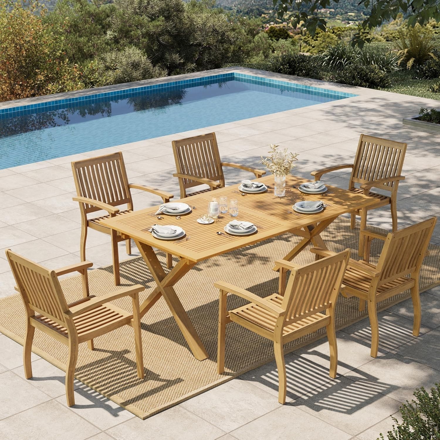 7-Piece Patio Dining Set Outdoor Acacia Wood Table & 6 Armchairs w/Umbrella Hole