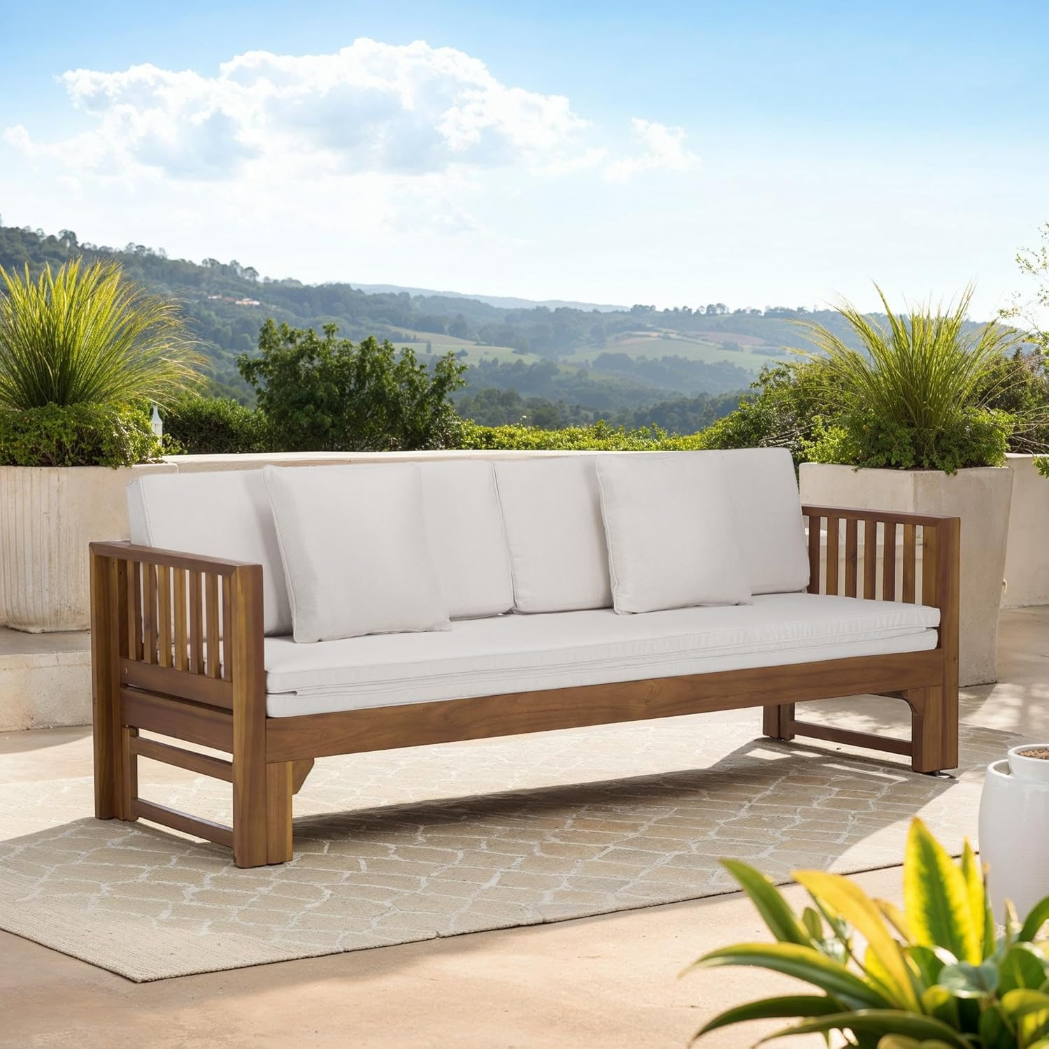 Outdoor Patio Furniture Collection – Napoli Brown & Cream Solid Wood Bench Conve