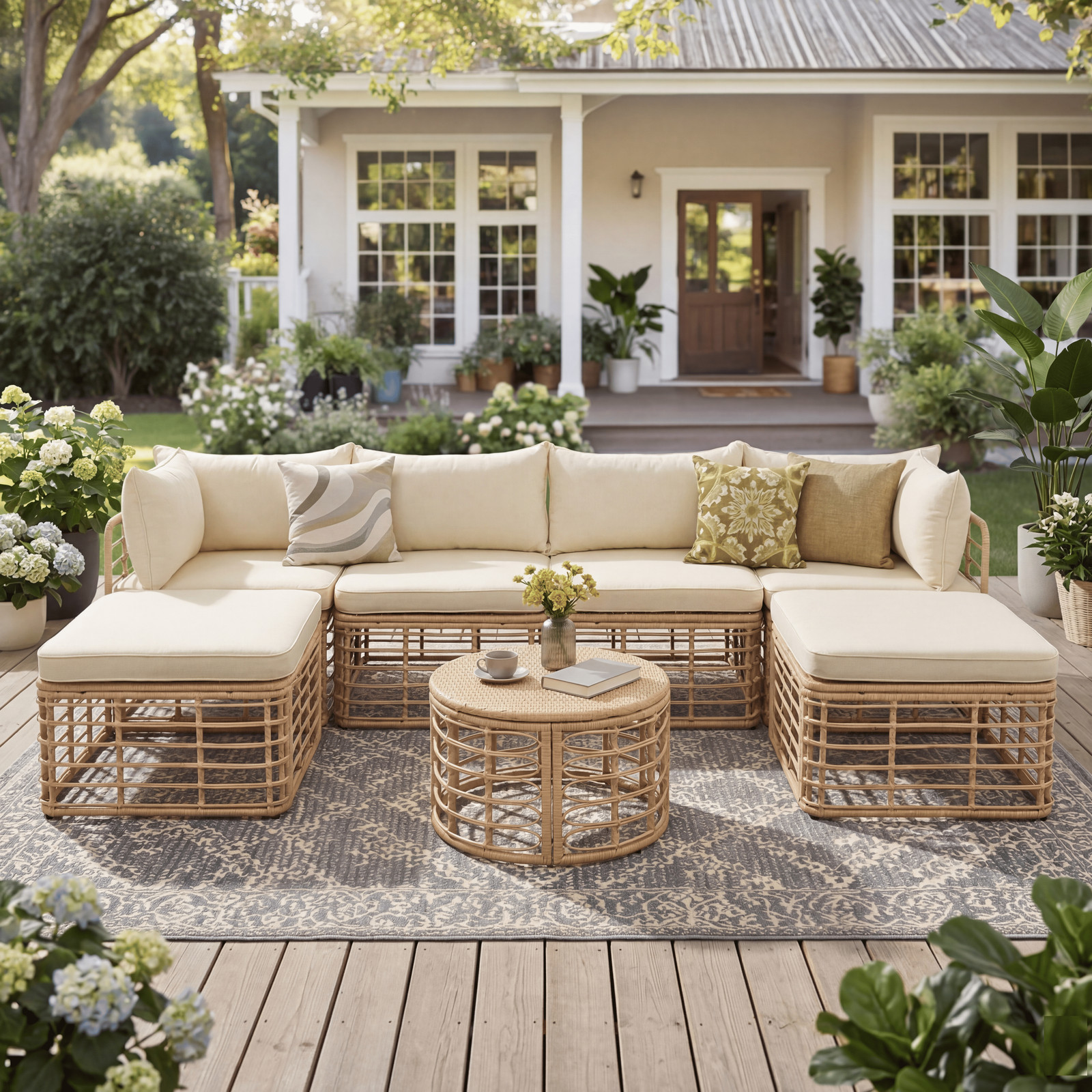 7-Piece Modular Rattan Patio Sofa Set with Cushions, Brown