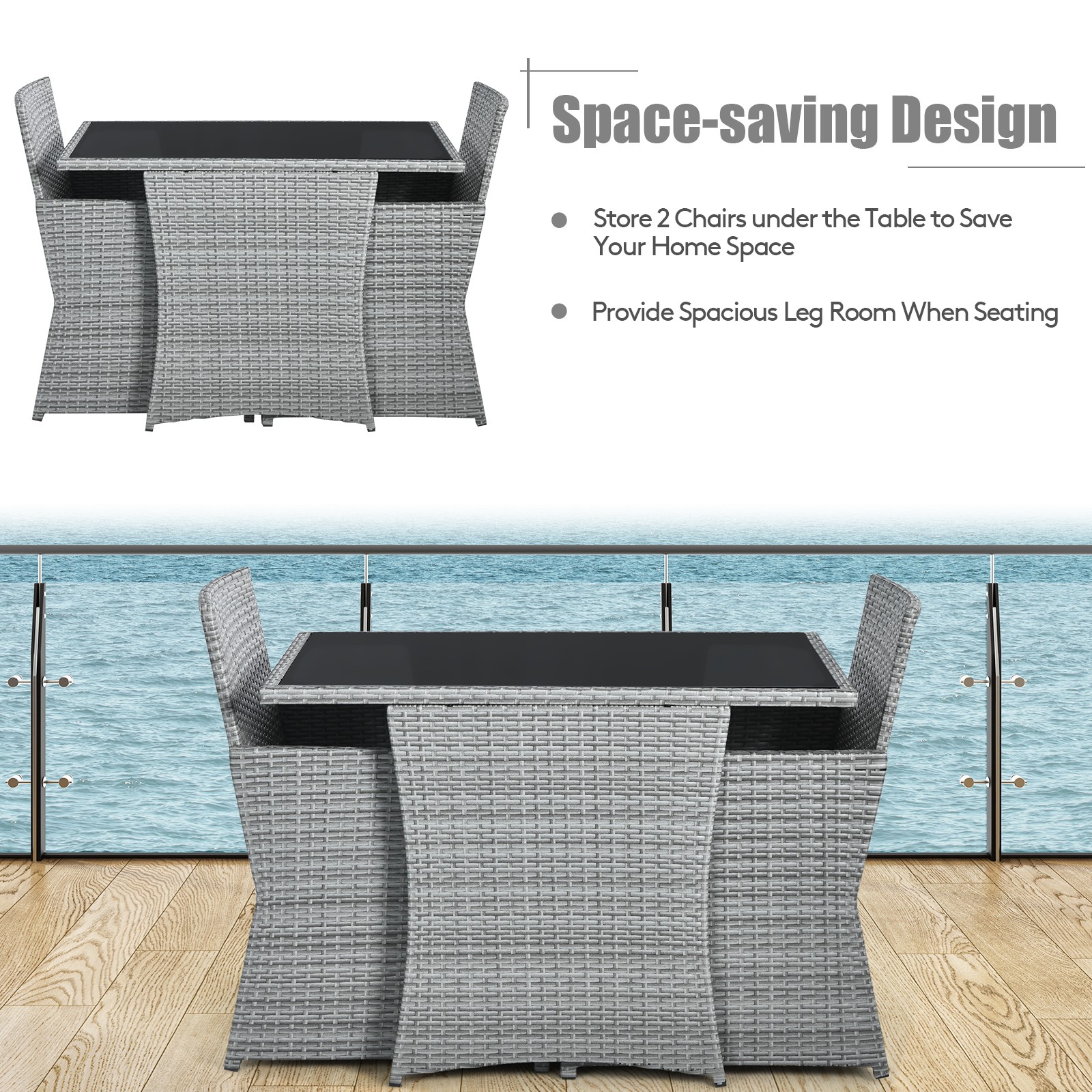 Costway 3PCS Patio Rattan Furniture Set Cushioned Sofa Armrest Garden Navy