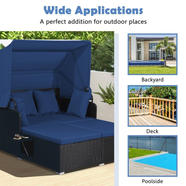 Outdoor Patio Rattan Daybed Lounge Retractable Canopy Side Table W/ Navy Cushion