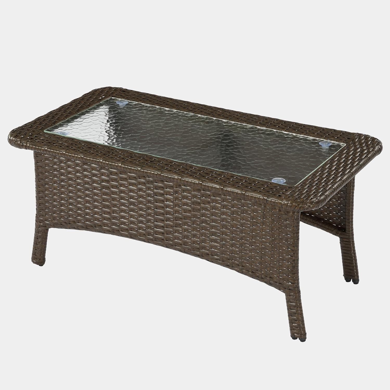 Rectangular Outdoor Wicker Coffee Table w/ Hammered Glass Top for Deck, Backyard