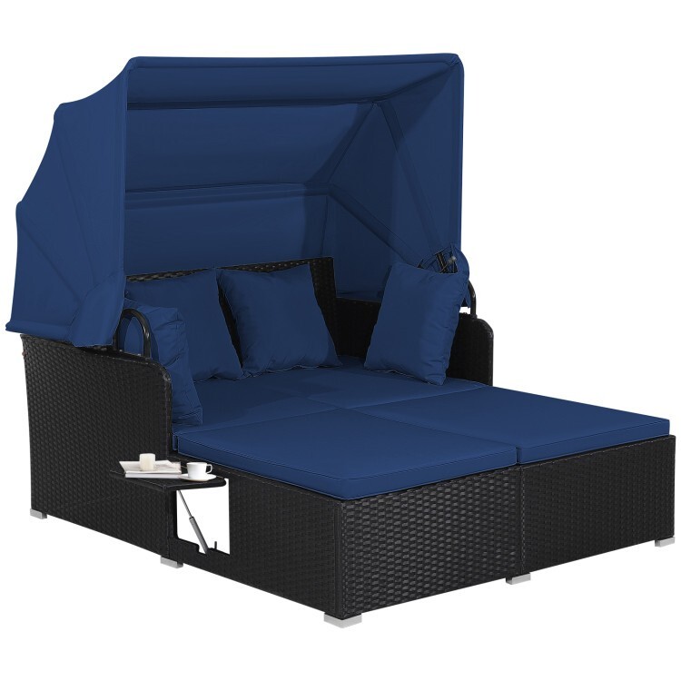Outdoor Patio Rattan Daybed Lounge Retractable Canopy Side Table W/ Navy Cushion