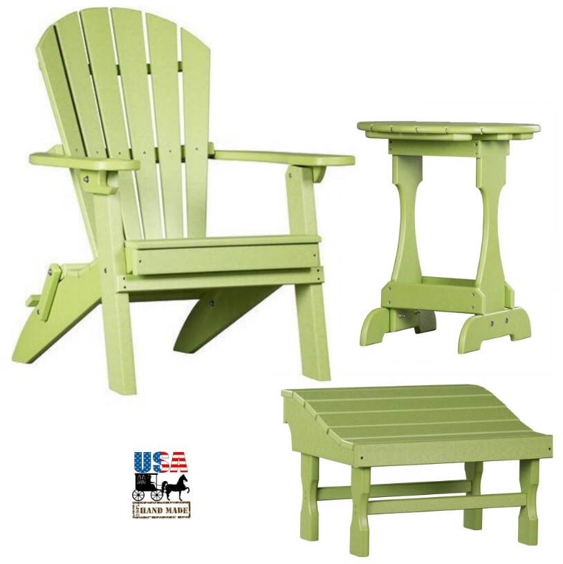 3pc 4 SEASON ADIRONDACK SET – LIME GREEN Folding Chair Ottoman & Candy Table USA