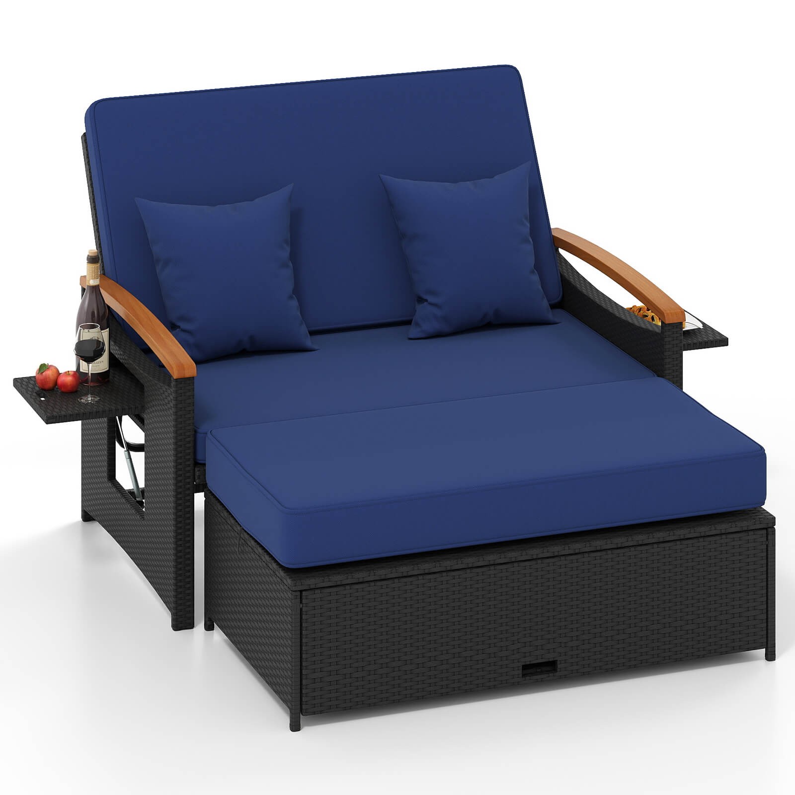 Patio Rattan Daybed Set w/Cushioned Loveseat & Storage Ottoman for Porch