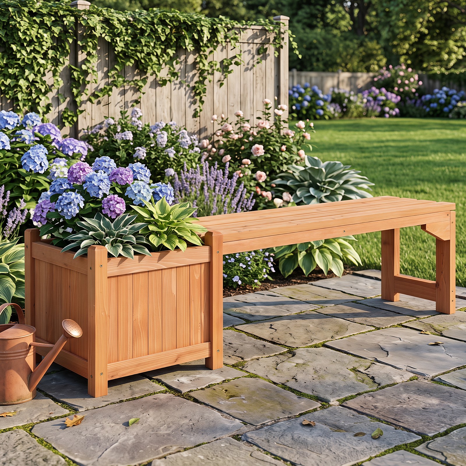 2PCS Outdoor Bench w/Raised Garden Bed, Fir Wood Planter Box w/Spacious Seat