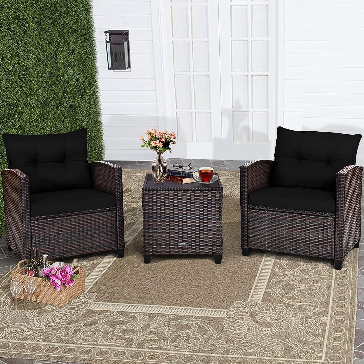3-Piece Black Wicker Patio Furniture Set with Cushions & Glass Table