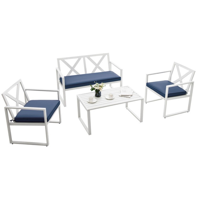 4 Pcs Patio Outdoor Conversation Furniture Set Loveseat Coffee Table Steel Frame