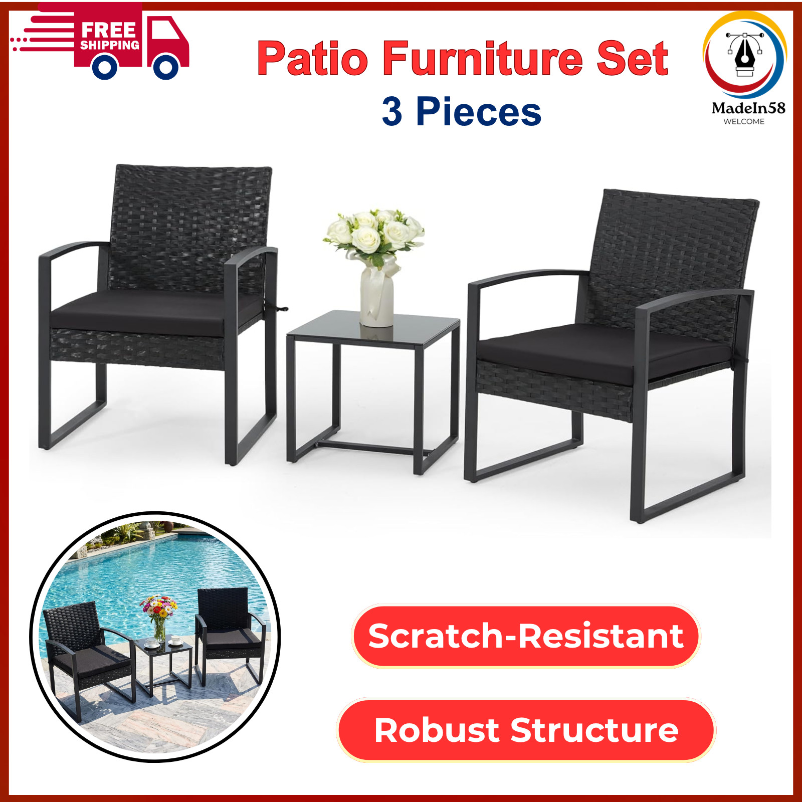 3 Pieces Patio Furniture Set, Outdoor Rattan Bistro Set W/ Coffee Table, Durable