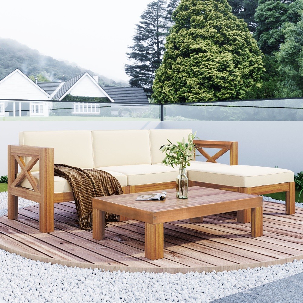5-Pc Wood Patio Corner Sectional Sofa Set with Beige Cushions
