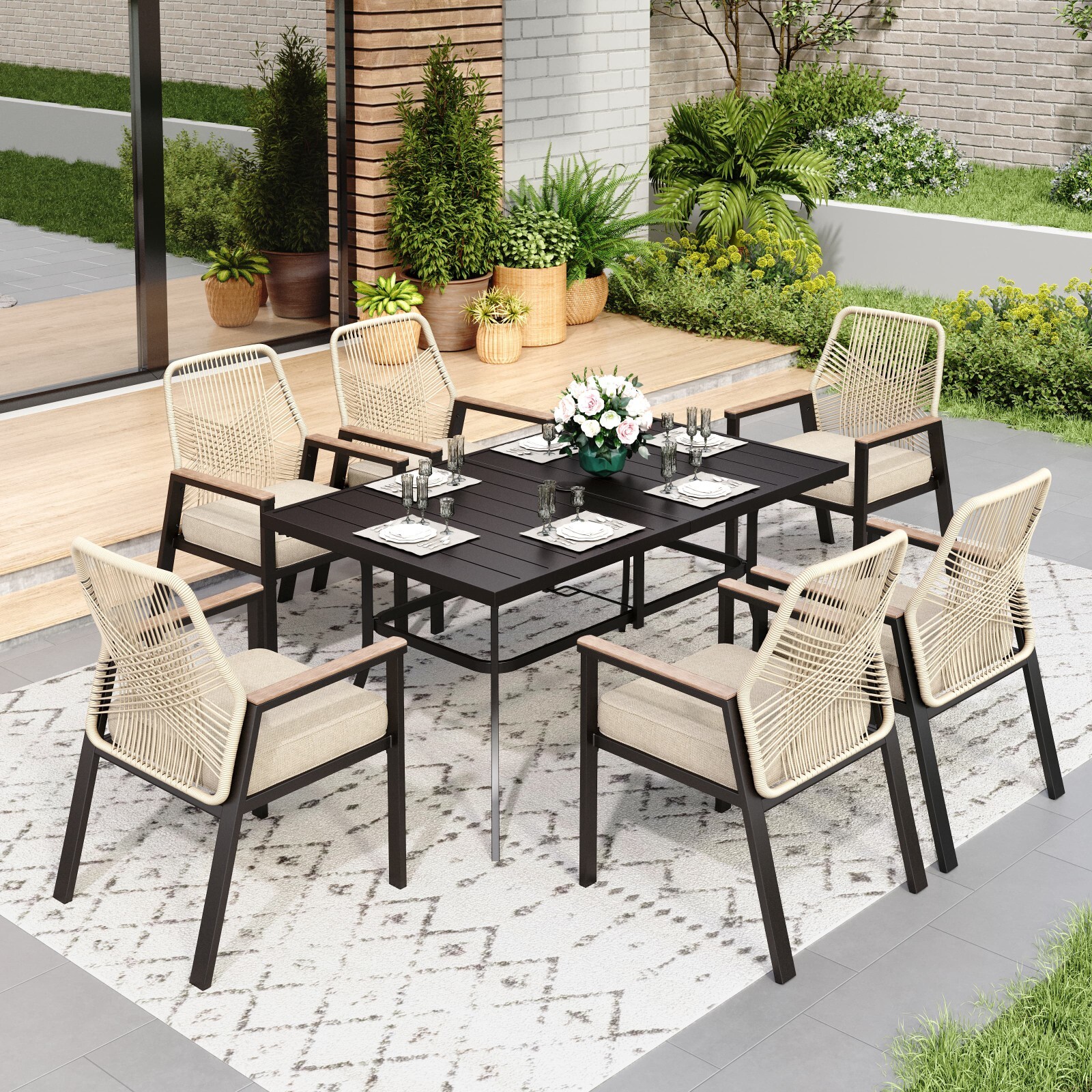 7-Piece Patio Dining Set 59″ Rectangle Dining Table with 6 Wicker Armchairs