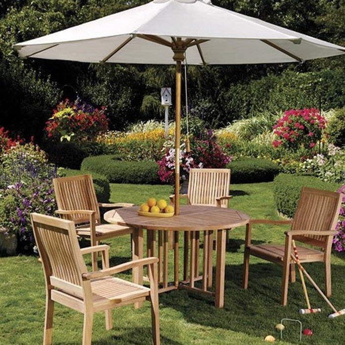 Leveb Grade-A Teak 5 pc Dining 48″ Round Table 4 Stacking Arm Chair Set New