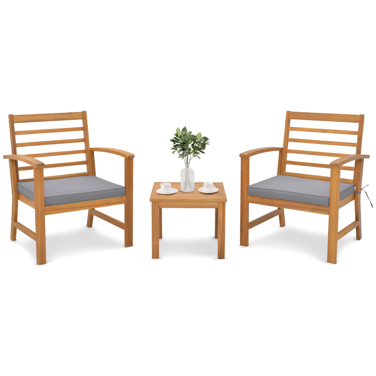 3 PCS Outdoor Furniture Set Acacia Wood Conversation Set w/ Soft Seat Cushions