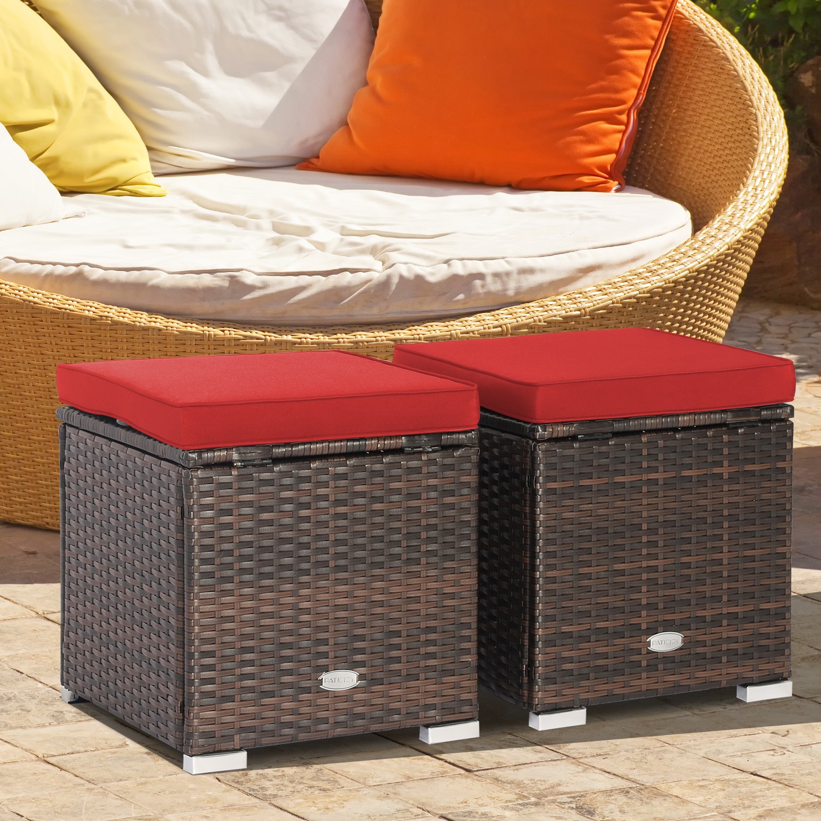 2PCS Patio Rattan Ottomans Seat Side Table Storage Box Footstool W/Cushions Red