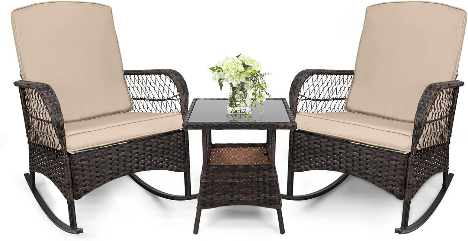 LEVELEVE 3 Pcs Rocking Bistro Set Conversation Chairs PE Wicker Outdoor Rocking