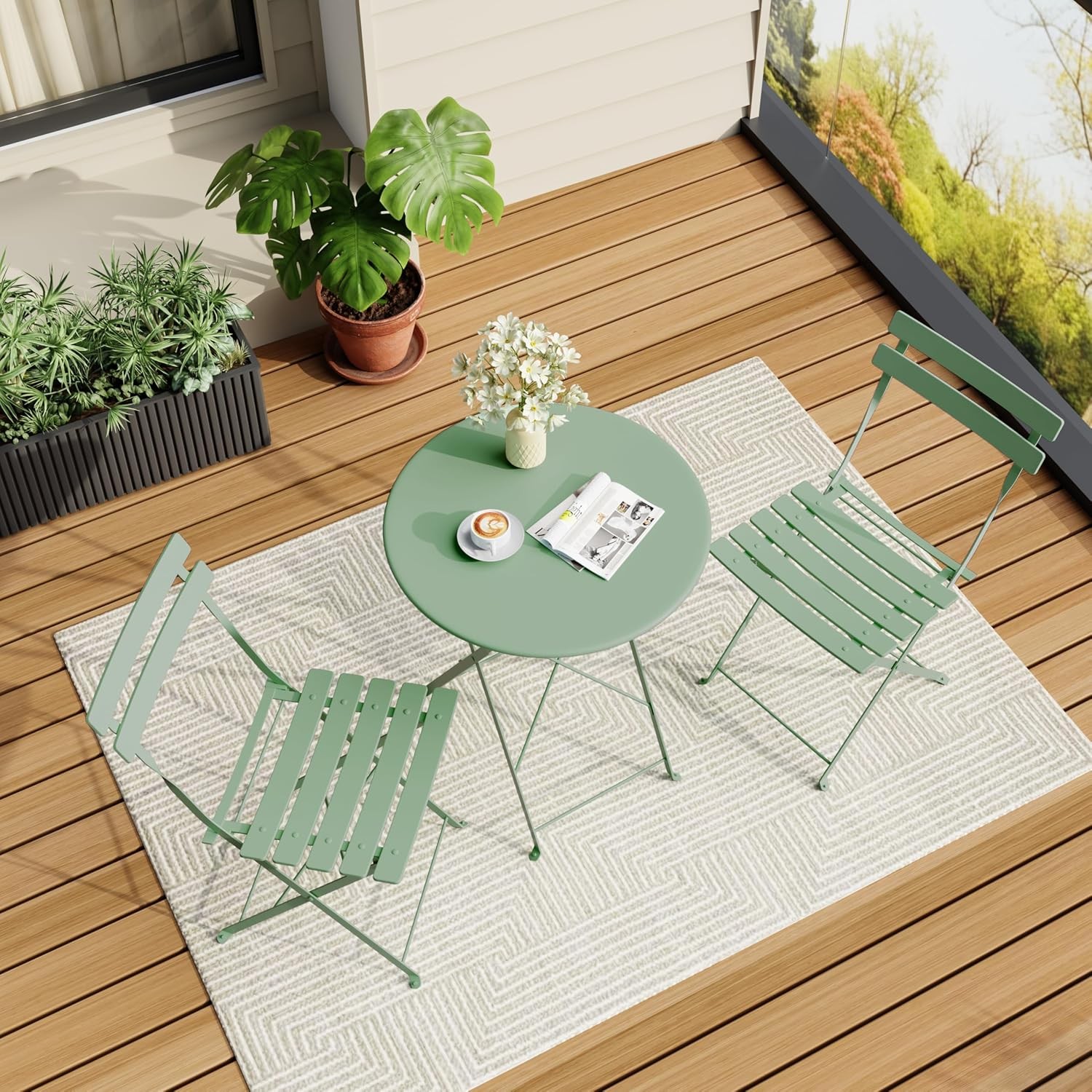 3PCS Bistro Folding Outdoor Furniture Set,Metal Frame Bistro Table andChairs Set