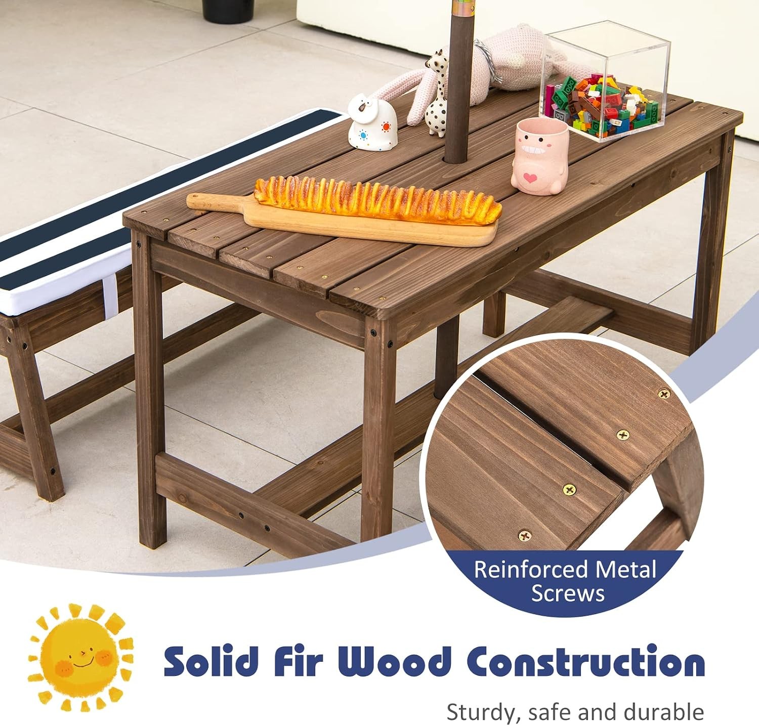 Kids Picnic Table 3 Heights Adjustable Umbrella Childrens Outdoor Bench