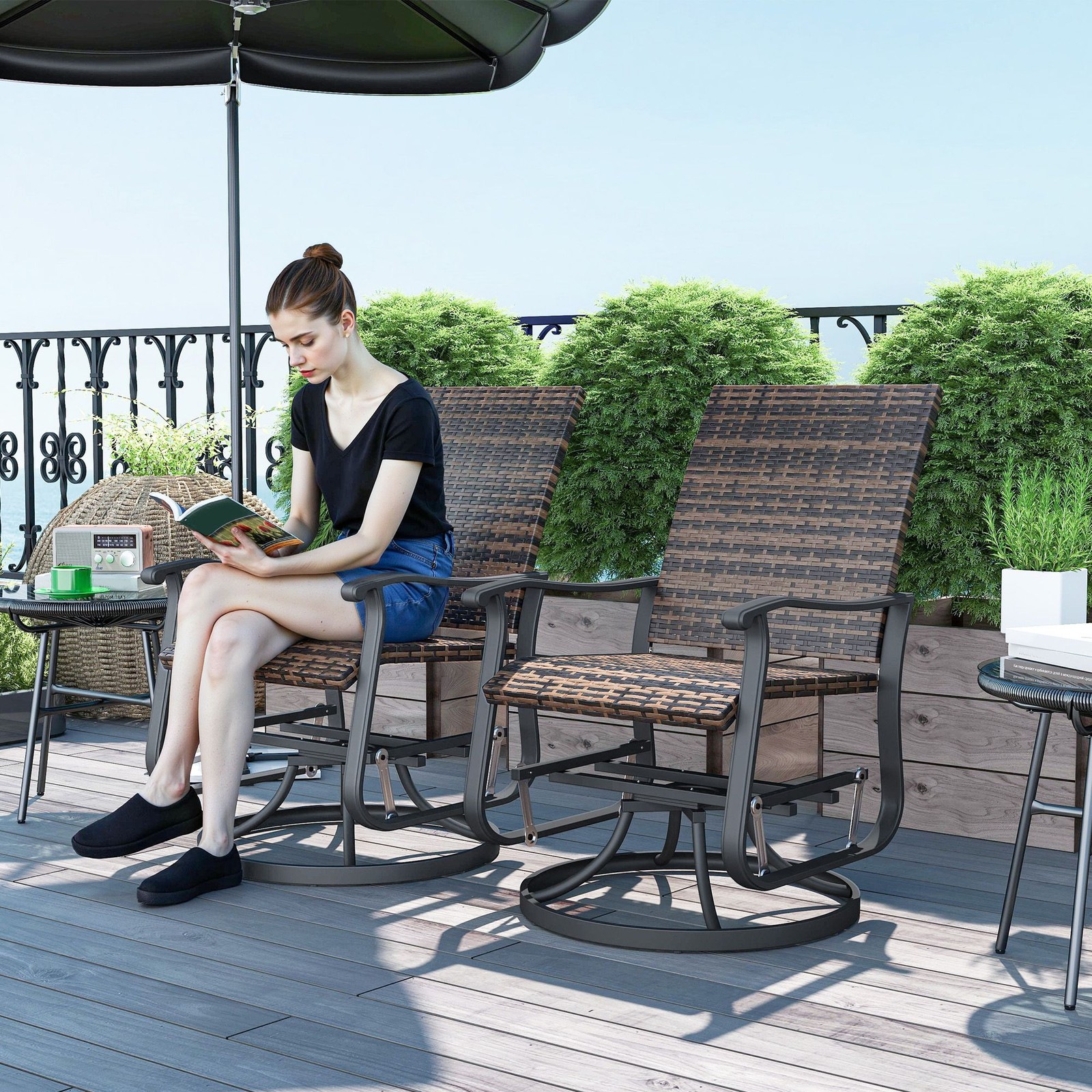 Swivel Glider Patio Chairs Set of 2, UV-Resistant PE Wicker, Steel Frame