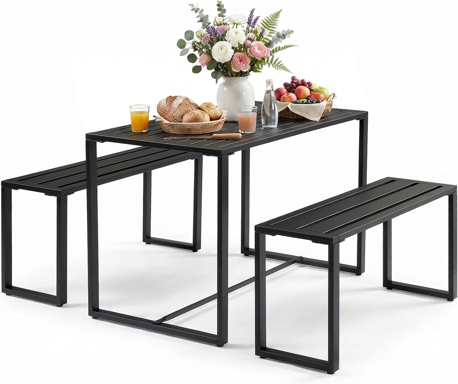 49″ Outdoor Matel Picnic Table & Bench Set W/ 2″ Umbrella Hole & Storage Shelf