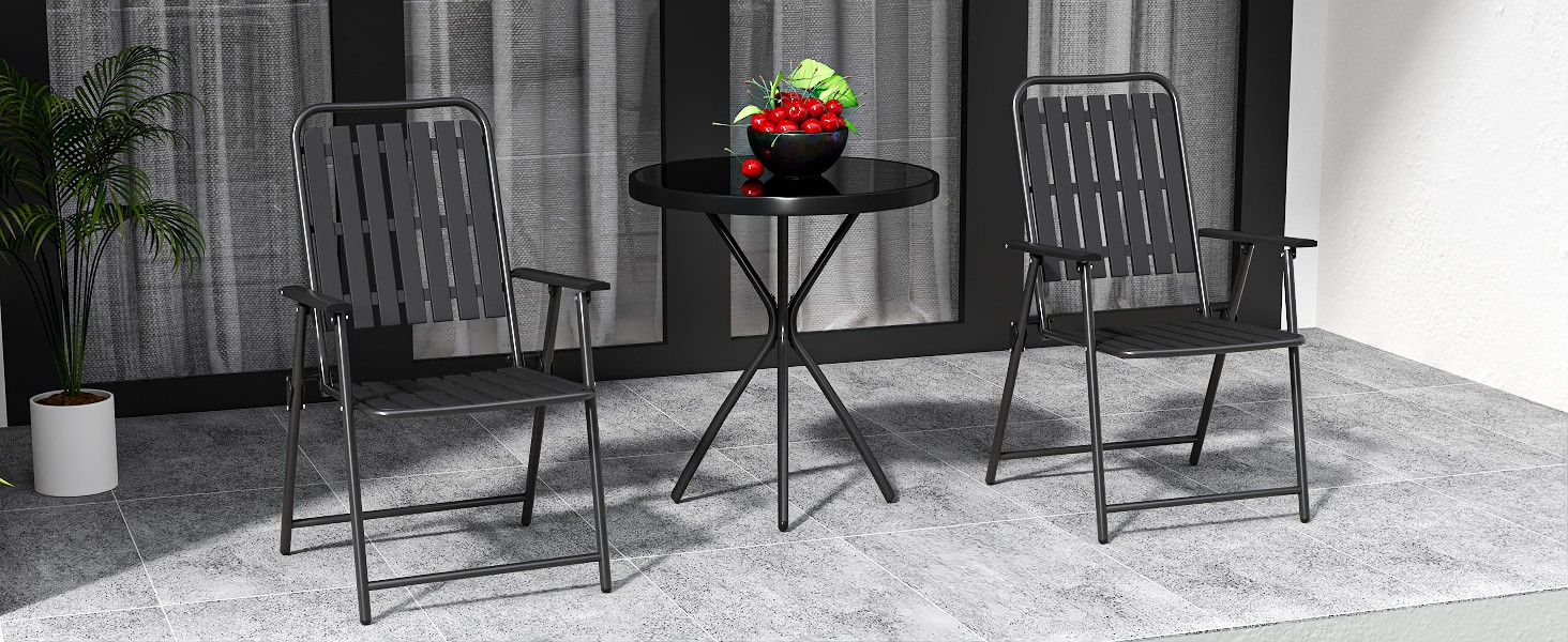 3-Piece Outdoor Patio Bistro Dining Set Glass Round Table 2 Folding Chairs Black