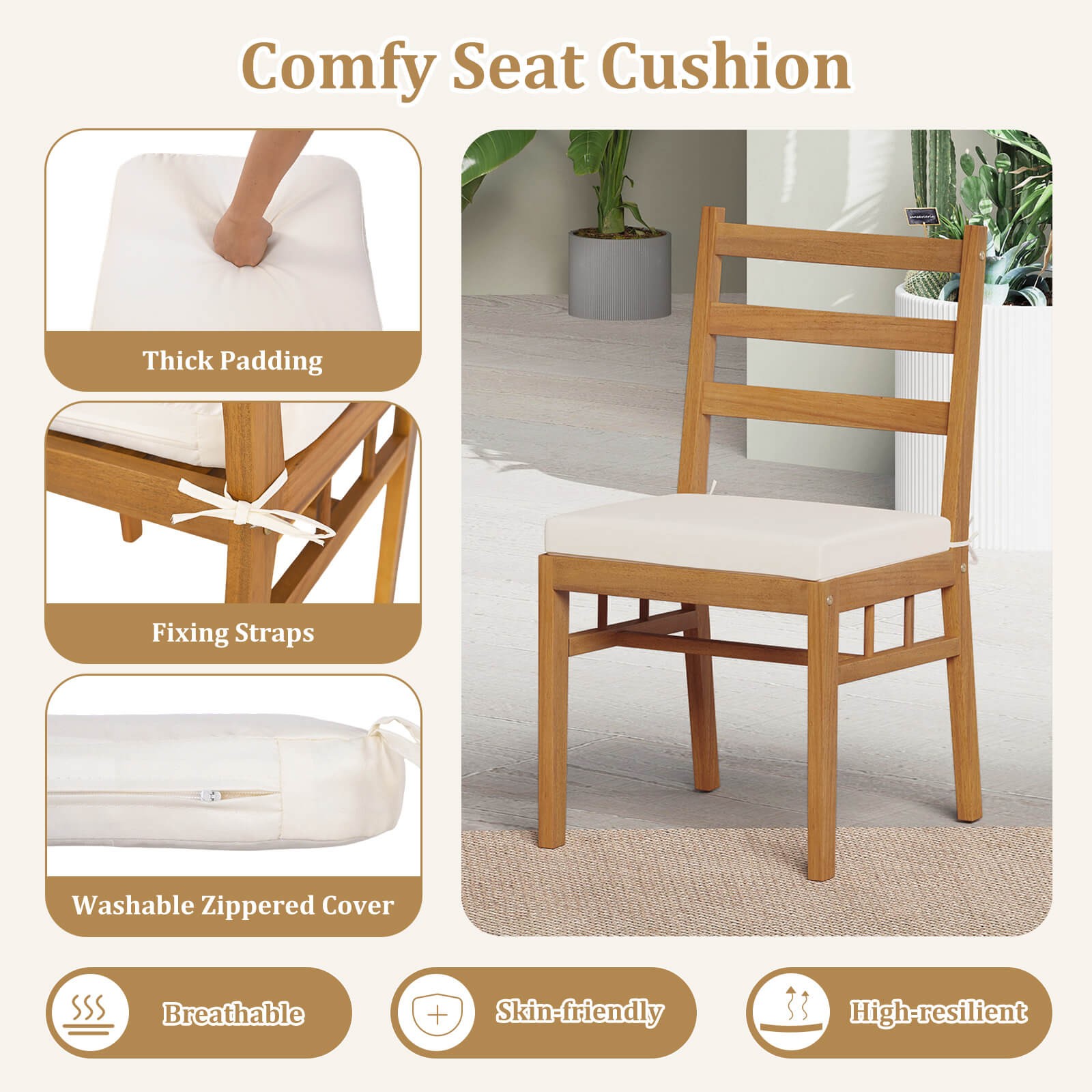 6PCS Patio Acacia Wood Dining Set w/Bench 1.97″ Umbrella Hole Cushions for Yard