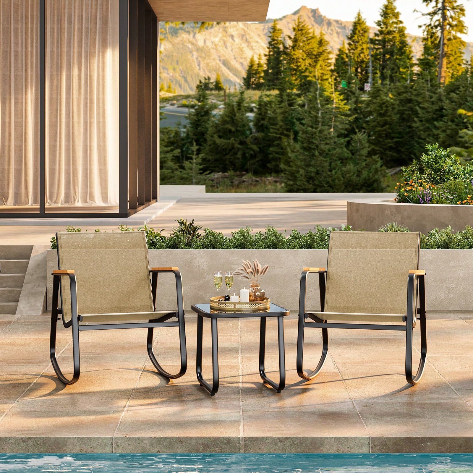 3 Piece Outdoor Rocking Bistro Set with Textilene Chairs and Coffee Table Patio
