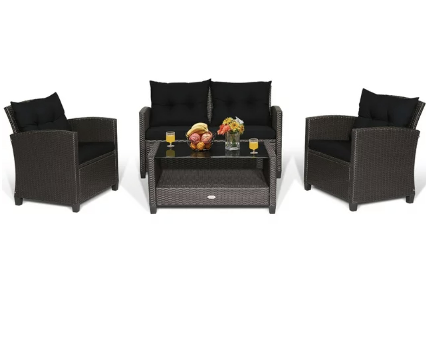 Glam 4 PCS Patio Rattan Furniture Set Glass Table Shelf Sofa Cushion Black