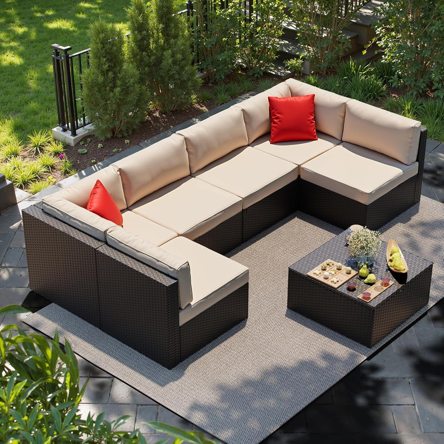 7 Pieces Patio Furniture Sets Outdoor All-Weather Sectional Patio Sofa Set PE Ra