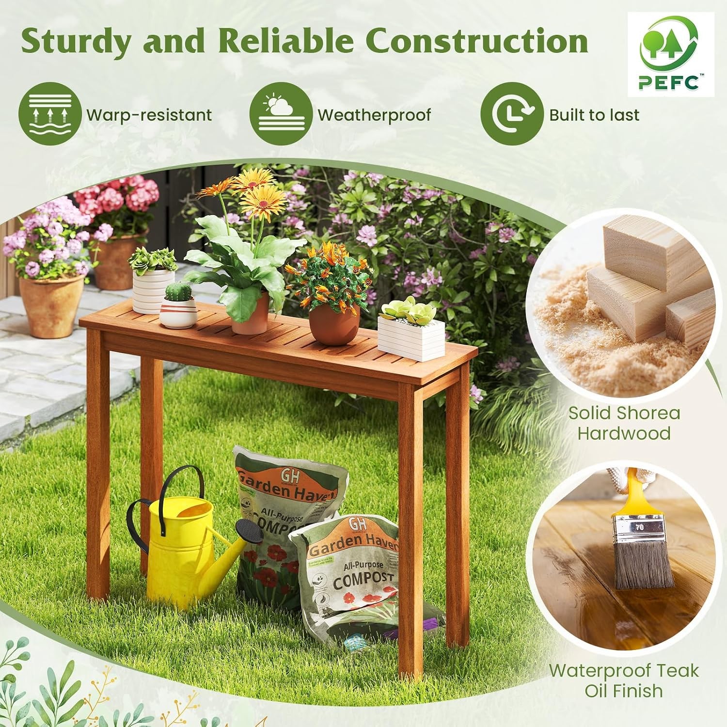 Narrow Outdoor Dining Table Solid Wood Furniture Patio Console Table W/ Slatted