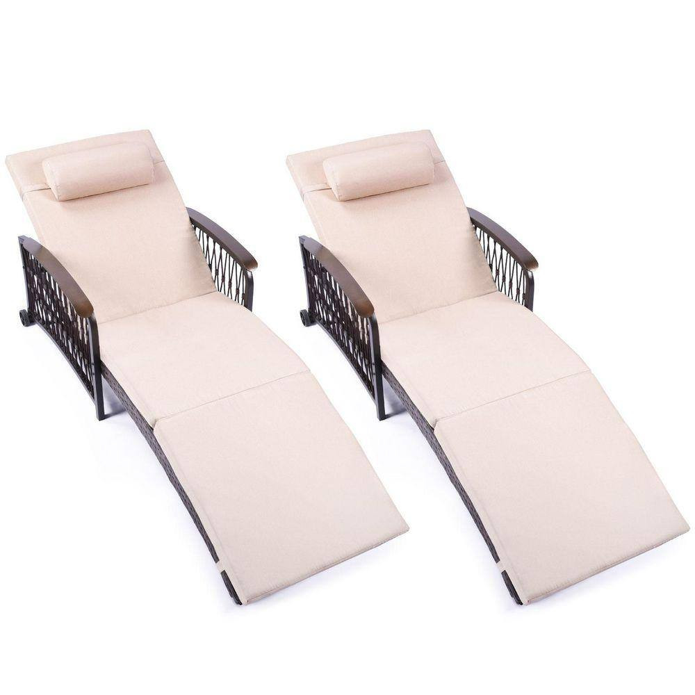 2-Piece Khaki Wicker Rattan Outdoor Patio Chaise Lounge Set with 5-Position Back